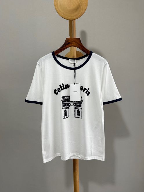 セリーヌtシャツサイズ偽物 びっくりした価格 トップス プリント ロゴプリント 純綿 ホワイト