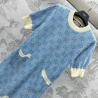 グッチスカート偽物 ワンピース セーター ニット素材 柔らかい 個性的 半袖 花柄 ファッション ブルー