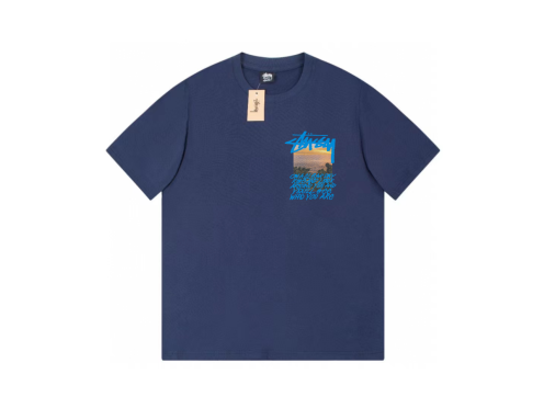 ステューシーのtシャツ偽物 シンプル 純綿 限定品 半袖 海の写真プリント ファッション ブルー