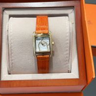 エルメス時計 革ベルト交換偽物 H形ケース シンプル 牛革 腕時計 文字盤 品質保証 ゴールドケース ダイヤモンド飾り オレンジ色