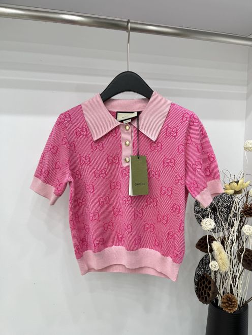 gucci オープン カラー シャツコピー トップス POLO 半袖 薄い ショット ポロシャツ シンプル 綿 ピンク