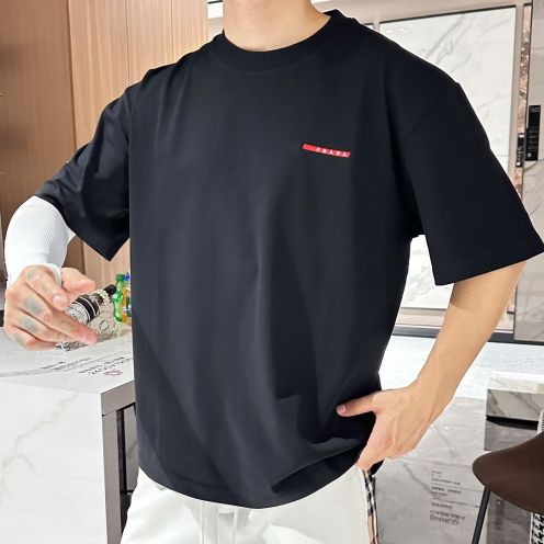 2024年の定番人気 prada t シャツ メンズ偽物 トップス  Tシャツ 綿100％ 柔らかい ゆったり 男女兼用 ブラック