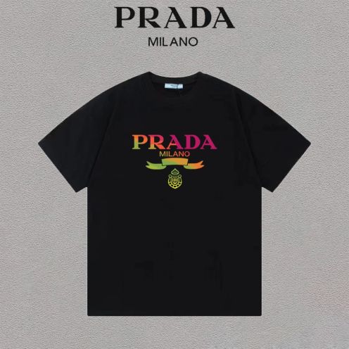 prada t シャツスーパーコピー トップス 半袖 ロゴプリント 柔らかい 綿100％ シンプル ブラック