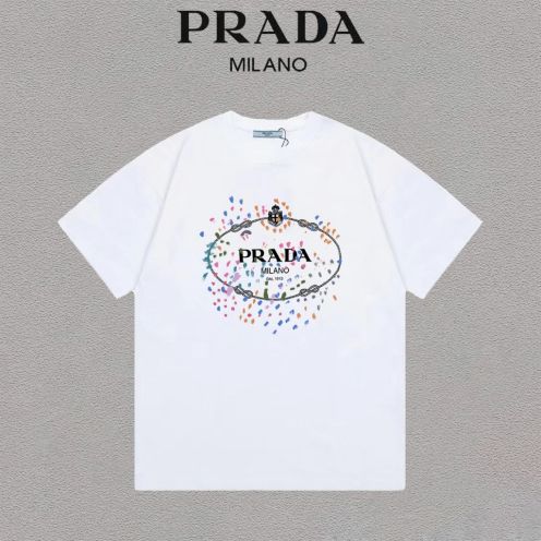 prada ティー シャツ激安通販 トップス  Tシャツ 綿100％ 半袖 柔らかい プリント 2色可選 ホワイト 