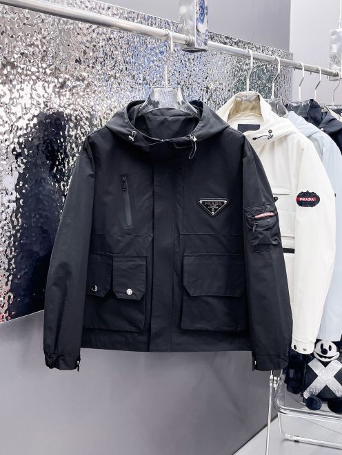 prada ダウンジャケットスーパーコピー 品質保証 トップス アウター 防風 フード付き 登山服 メンズ ブラック