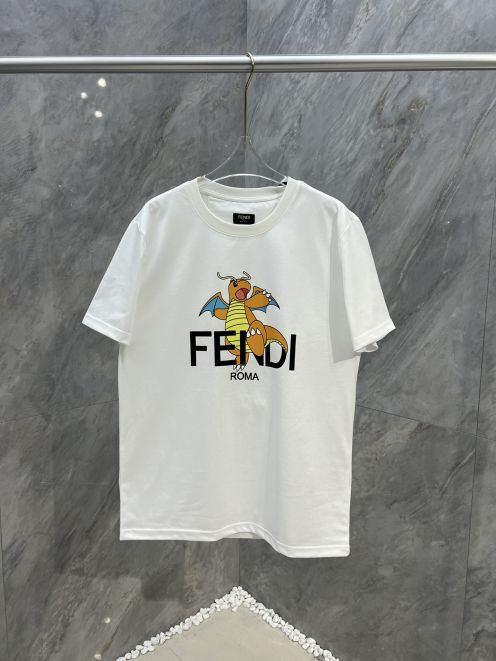 fendi ティー シャツコピー Tシャツ 半袖 トップス ゆったり 夏服 純綿 刺繍 プリント 男女兼用  ホワイト