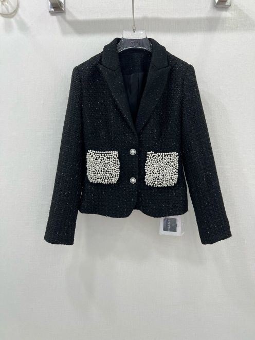 秋服 chanel レザー ジャケット偽物 真珠飾り アウター トップス シャネル風 少女感 ブラック