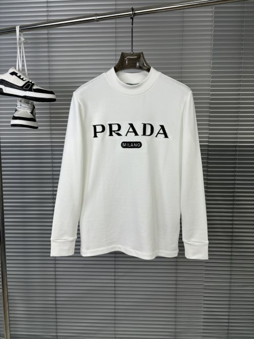 prada t シャツコピー トップス 長袖 通気性いい 純綿 シンプル 秋服 ロゴプリント ホワイト