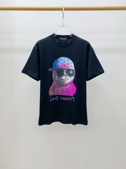 一番安いルイヴィトンtシャツ メンズスーパーコピー 半袖 トップス 純綿 プリント 柔らかい ゆったり ブラック