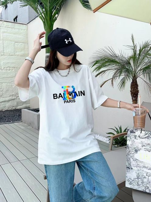 BALMAIN バンコtシャツスーパーコピー 短袖トップス カラフルのプリント 100％綿 ホワイト