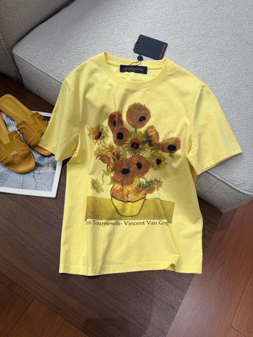 ルイヴィトン tシャツ モノグラム偽物 ひまわりプリント 半袖 トップス 柔軟 100％綿 イエロー