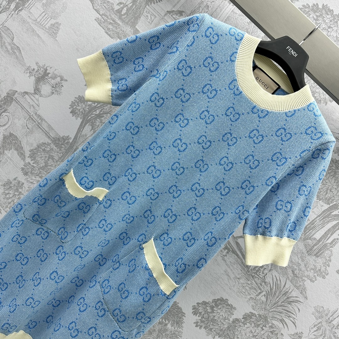 グッチスカート偽物 ワンピース セーター ニット素材 柔らかい 個性的 半袖 花柄 ファッション ブルー_1