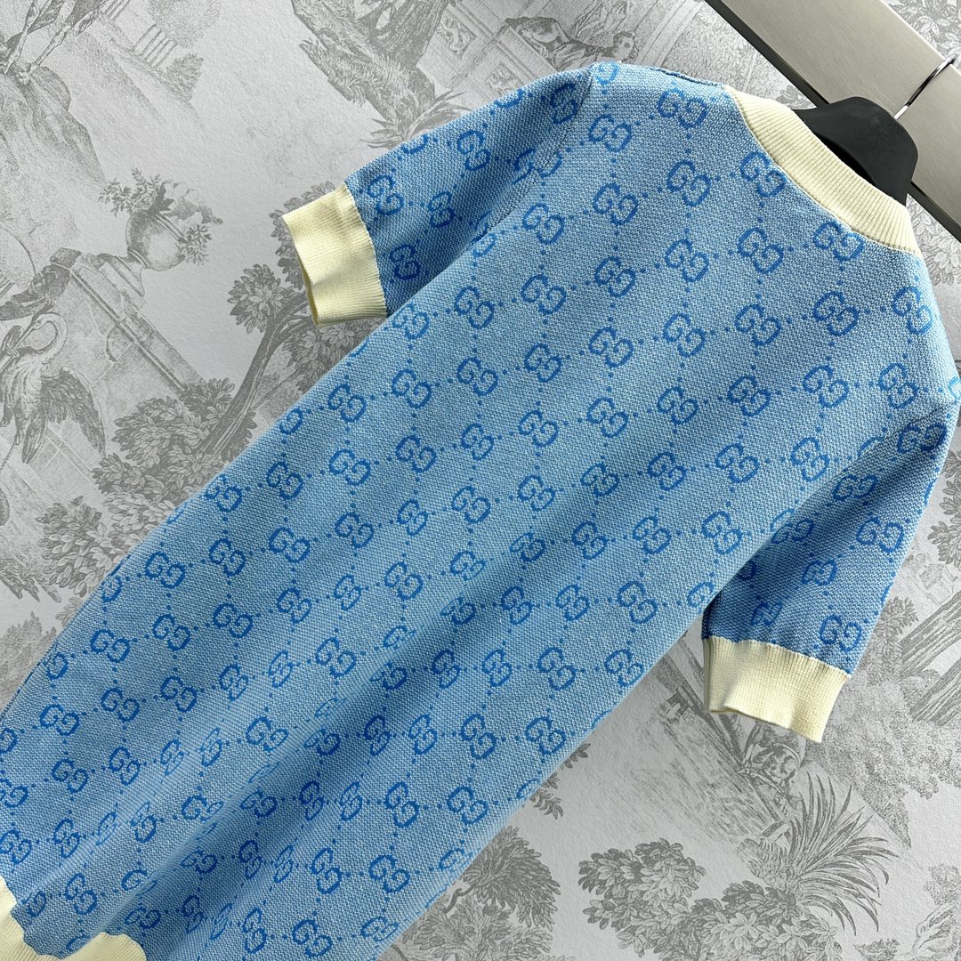 グッチスカート偽物 ワンピース セーター ニット素材 柔らかい 個性的 半袖 花柄 ファッション ブルー_6