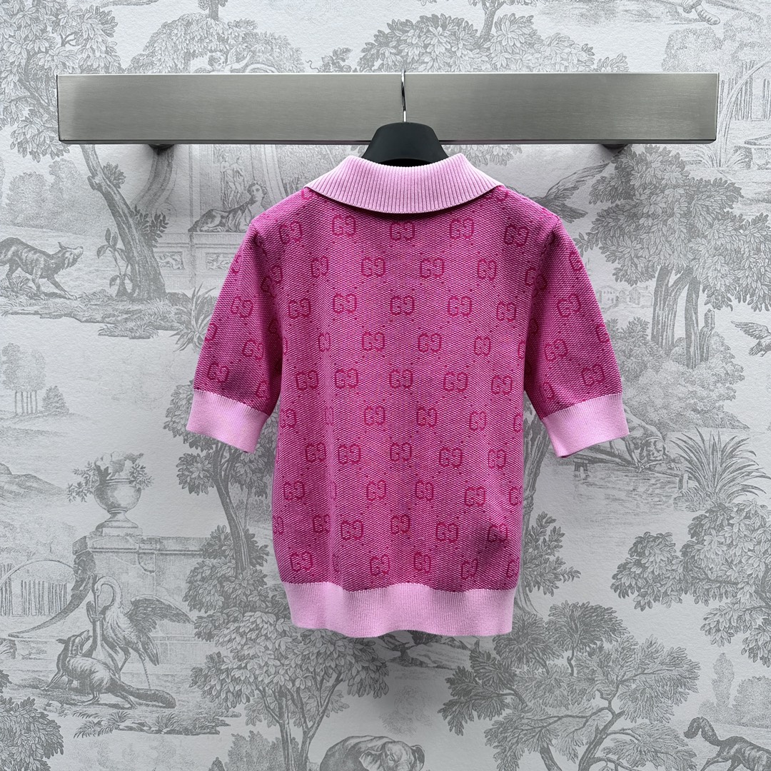 華やかな雰囲気 グッチセーター偽物 ニット素材 襟付き トップス 半袖 柔らかい 目立ち 花柄 ファッション感 ピンク_5