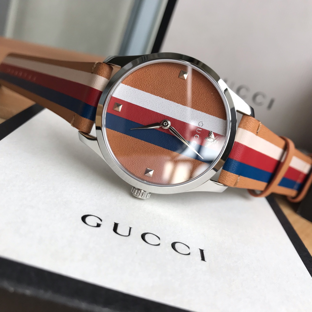 人気新作アイテム gucci 時計 値段コピー ウォッチ レザーバンド 縞模様 ファッション レディース ブラウン_6