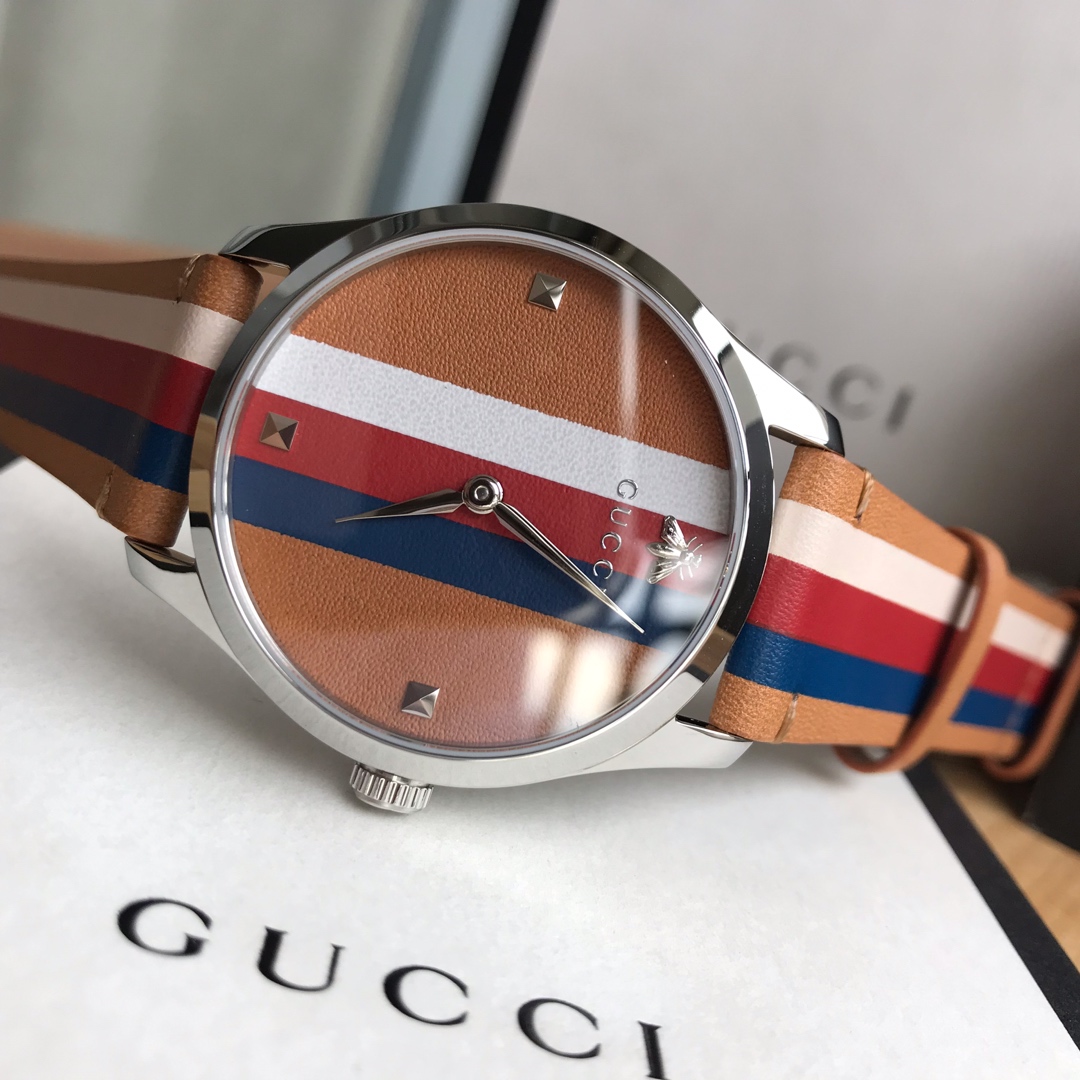 人気新作アイテム gucci 時計 値段コピー ウォッチ レザーバンド 縞模様 ファッション レディース ブラウン_7