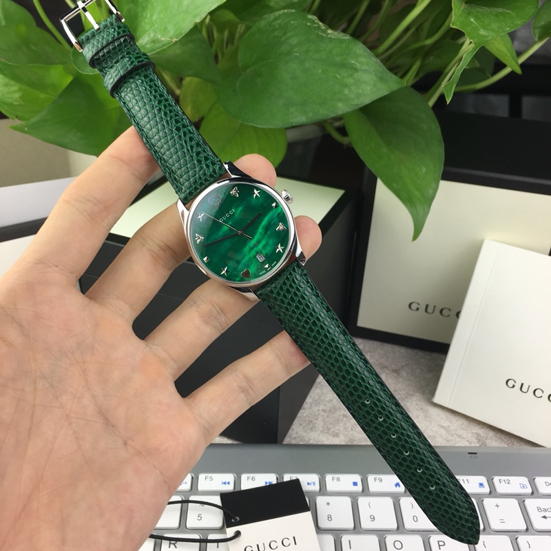 gucci グッチ 時計コピー ウォッチ レザーバンド 星マーク 防水 クォーツ時計 二つサイズ レディース グリーン_2