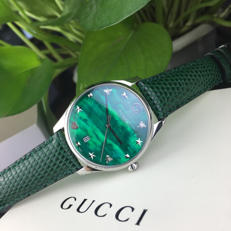 gucci グッチ 時計コピー ウォッチ レザーバンド 星マーク 防水 クォーツ時計 二つサイズ レディース グリーン_5