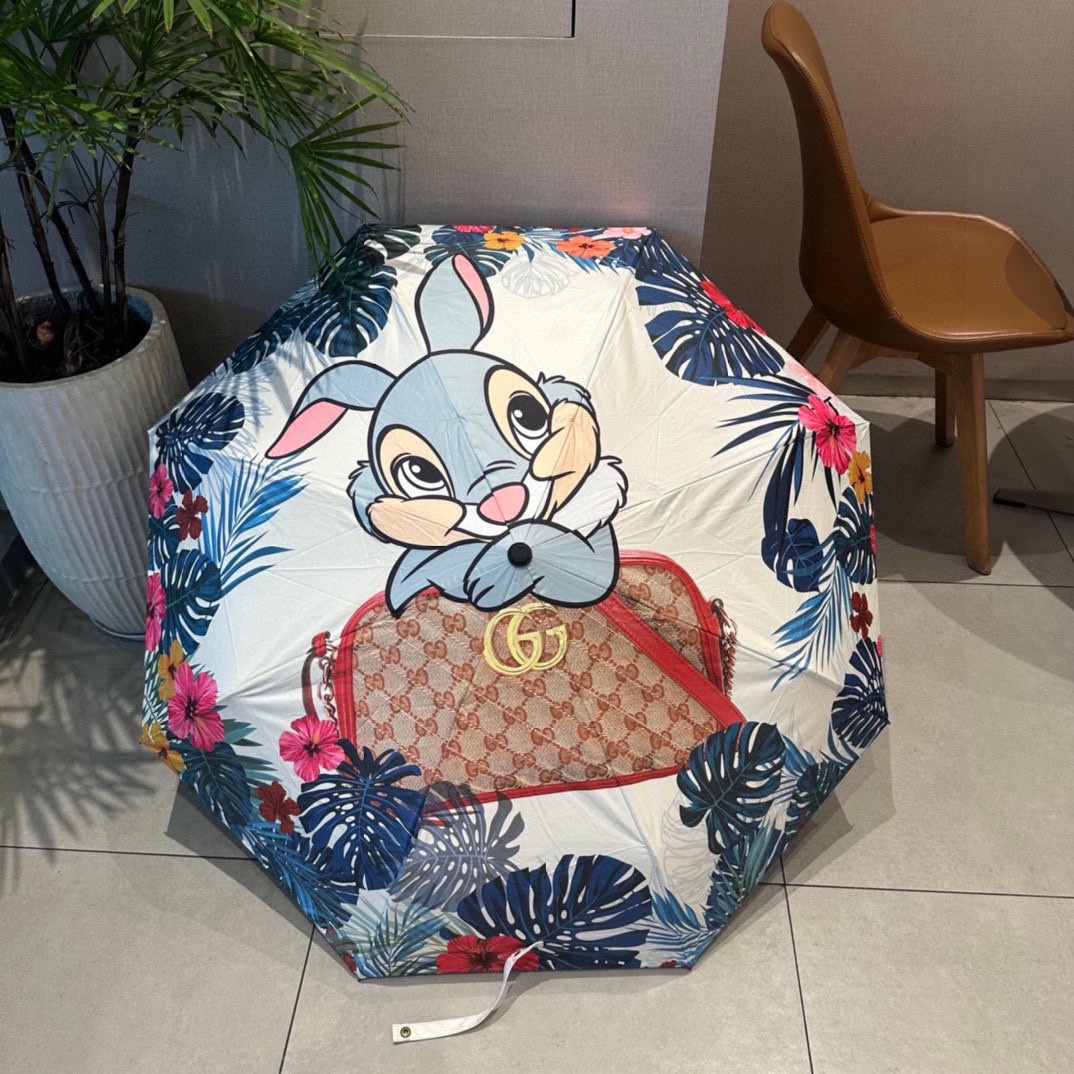 GUCCIグッチ傘コピー 収納ポーチ付き 三つ折り 晴雨兼用 兎プリント 日焼け止め 携帯便利 ホワイト_9