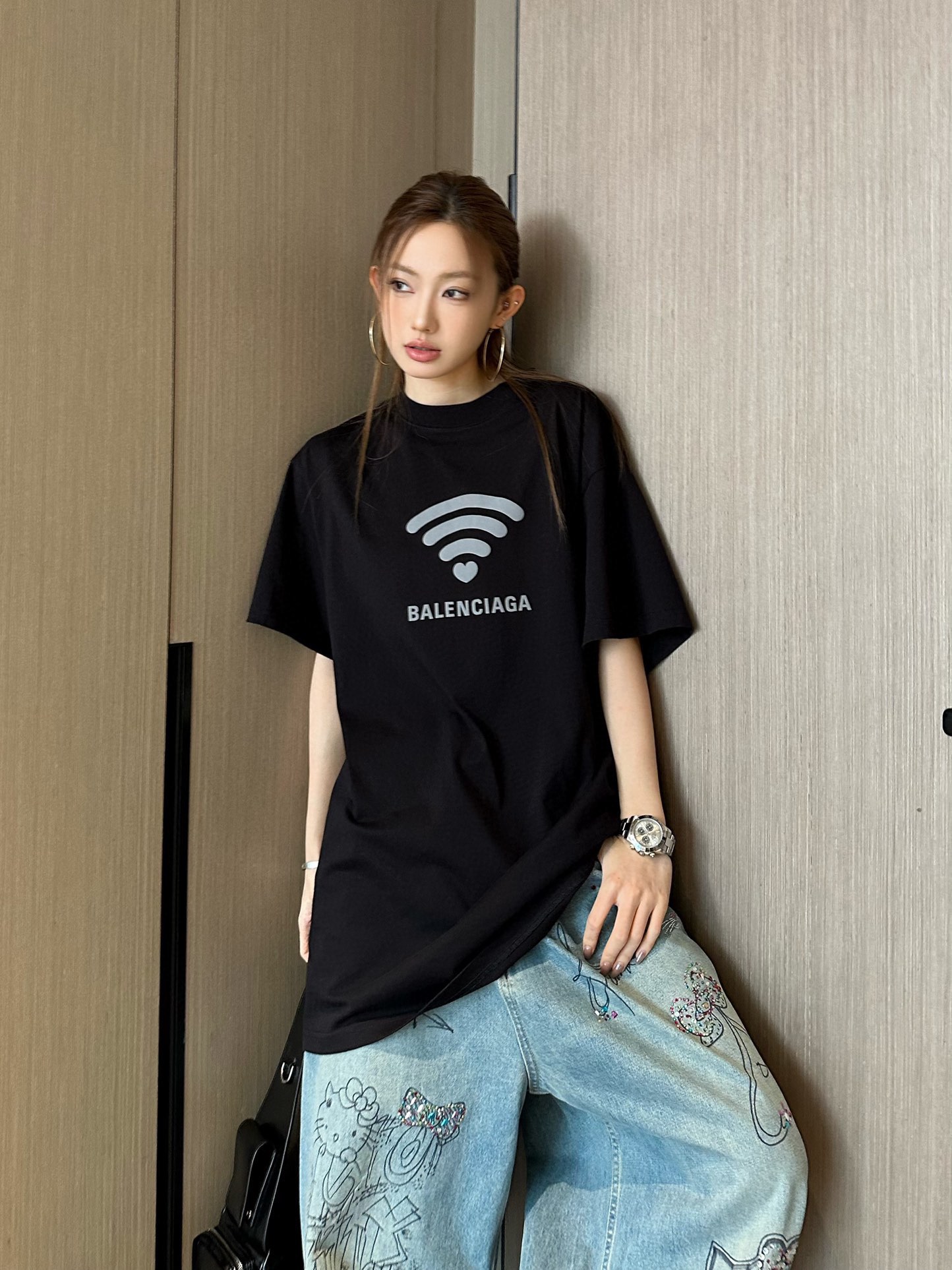 バレンシアガtシャツコーデコピー トップス ハートWIFIロゴ 純綿 柔らかい カジュアル 男女兼用 短袖 ブラック_3