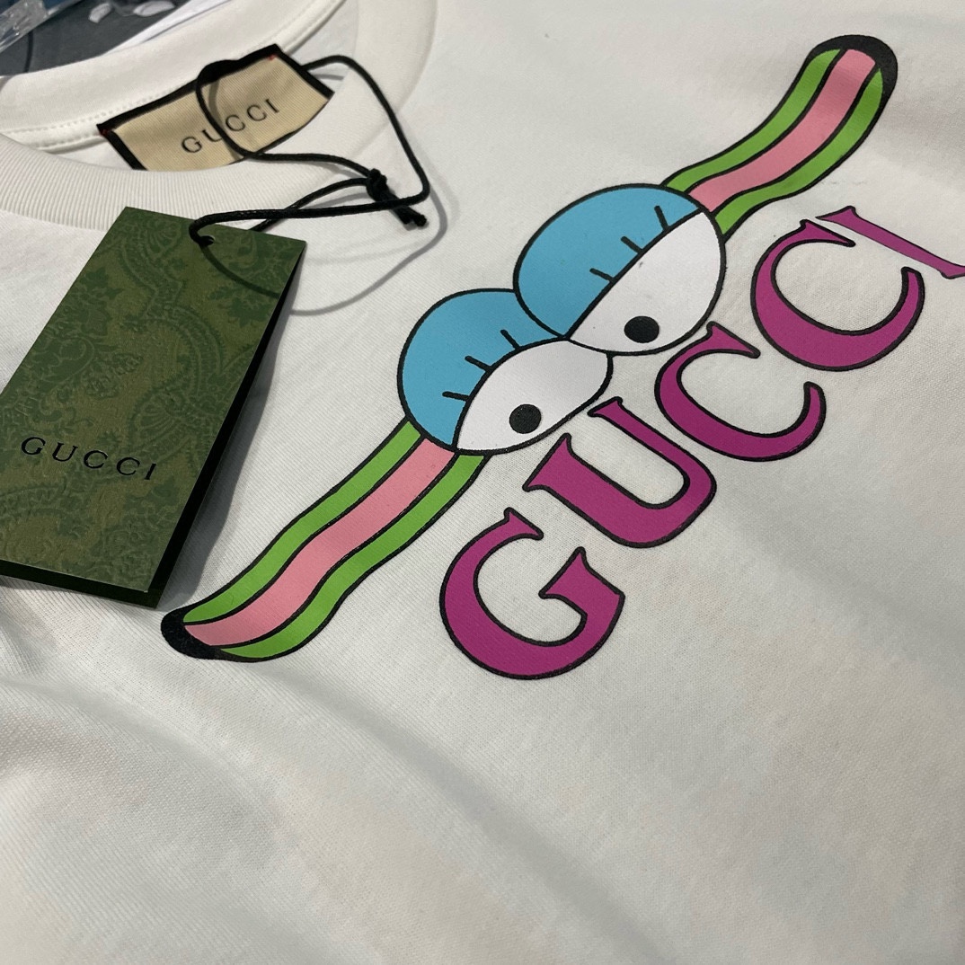 gucci t シャツ メンズコピー 柔らかい トップス ゆったり 半袖 夏 ロゴプリント 芸術 純綿 ホワイト_3