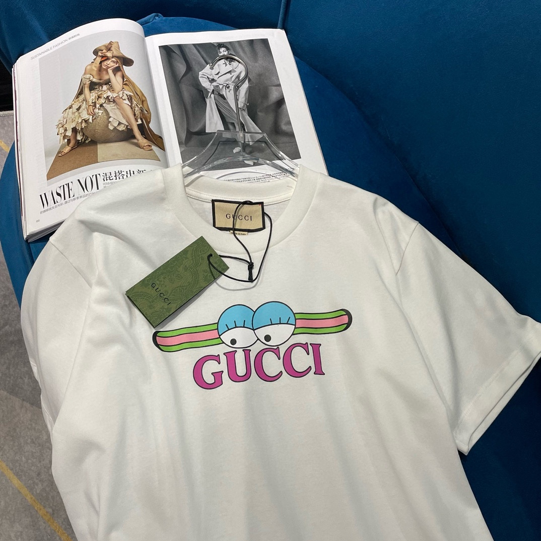 gucci t シャツ メンズコピー 柔らかい トップス ゆったり 半袖 夏 ロゴプリント 芸術 純綿 ホワイト_5