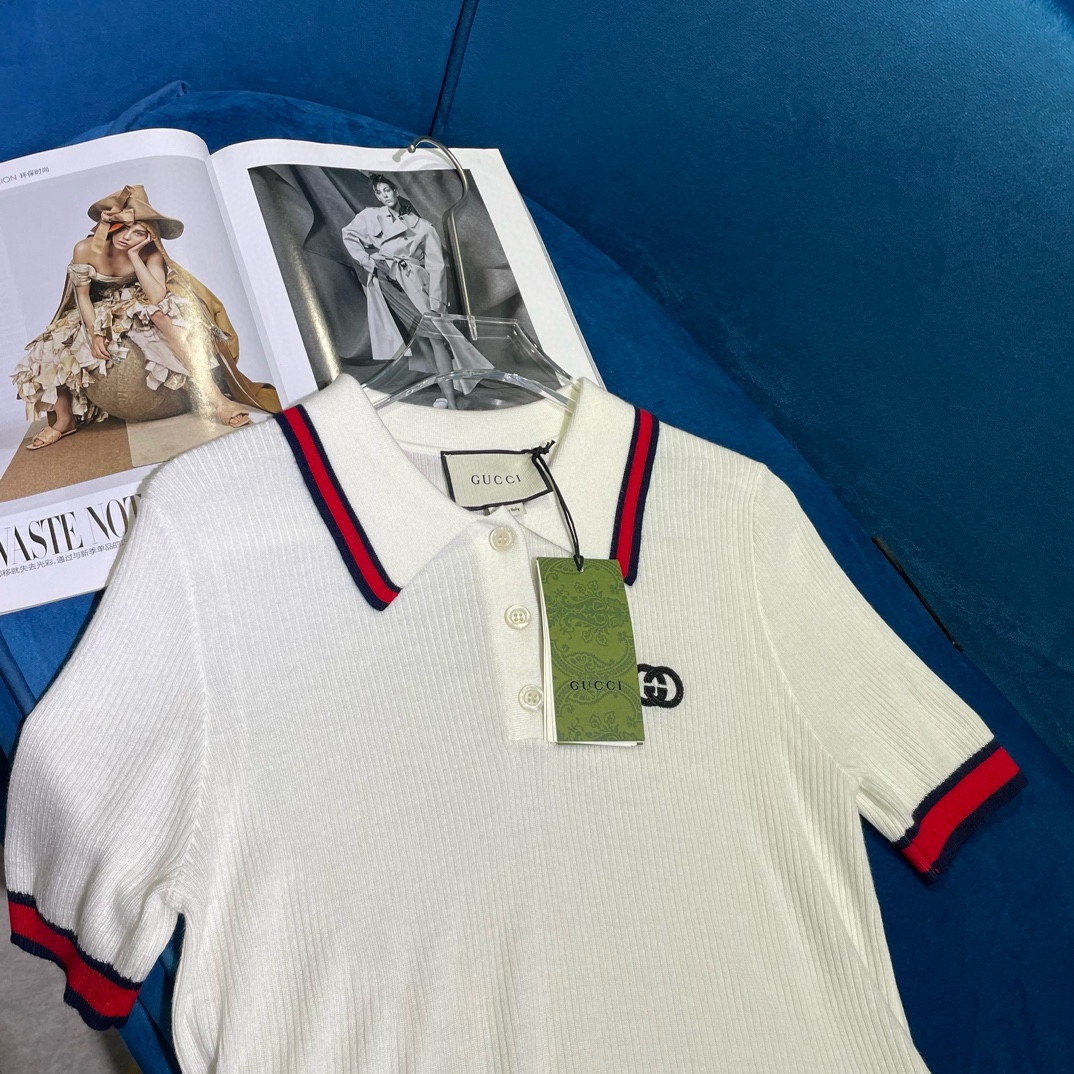 gucci シャツ 半袖スーパーコピー トップス POLO 半袖 赤い襟 少女感 人気定番 シンプル ホワイト_5