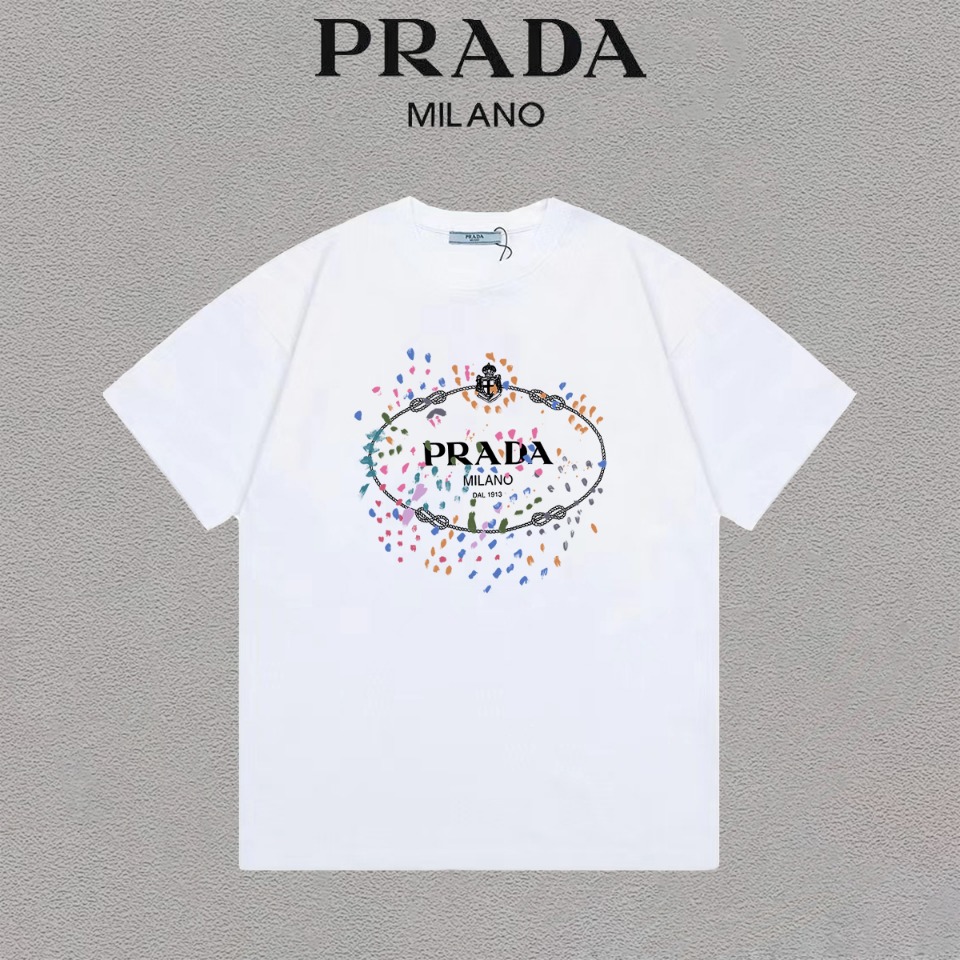 prada ティー シャツ激安通販 トップス  Tシャツ 綿100％ 半袖 柔らかい プリント 2色可選 ホワイト_1