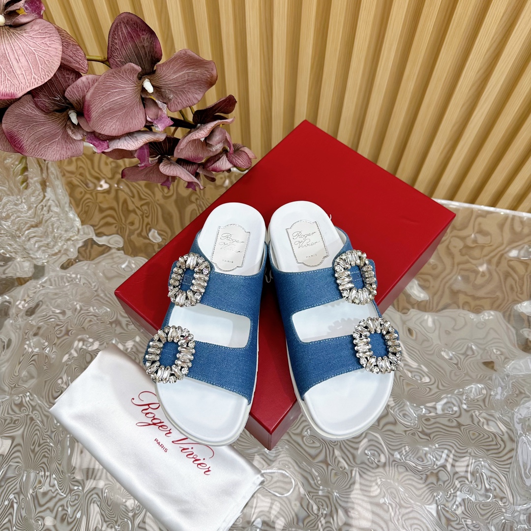 夏日 スリッパ roger vivier サンダルスーパーコピー 厚底シューズ 歩きやすい キラキラ 目を引く ファッション ブルー_3