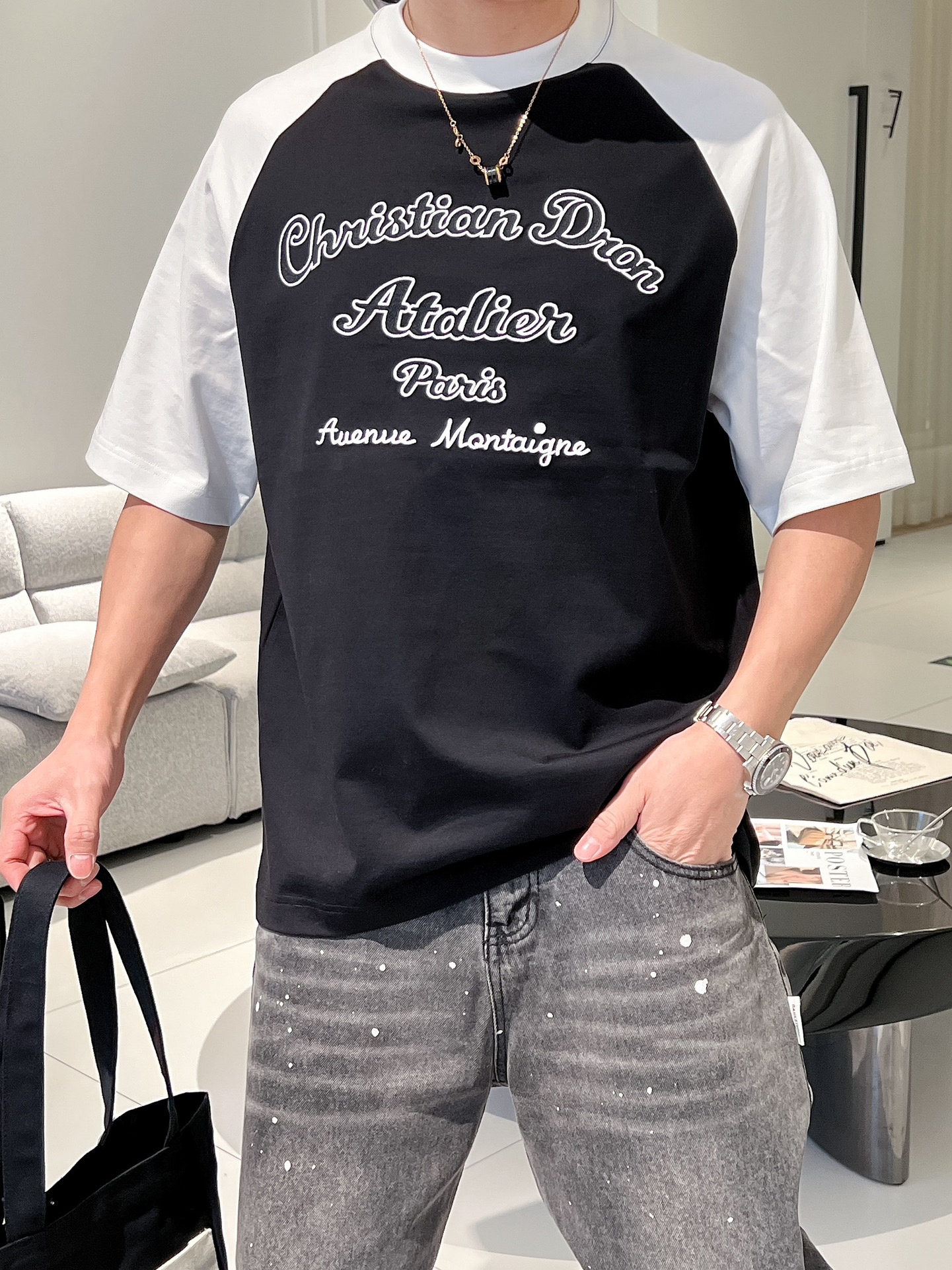 ディオールtシャツレディース偽物 トップス  純綿 半袖 ゆったり ロゴプリント 品質保証 ブラック_8