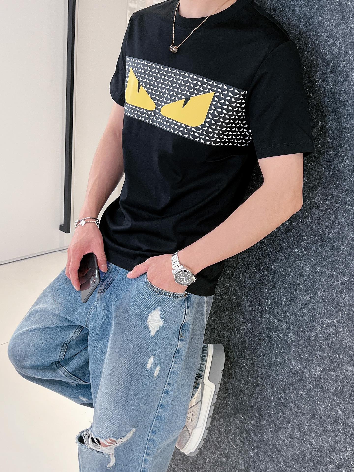 fendi シャツ 半袖スーパーコピー 純綿 トップス Tシャツ プリント 柔らかい セール開催中 ブラック_18