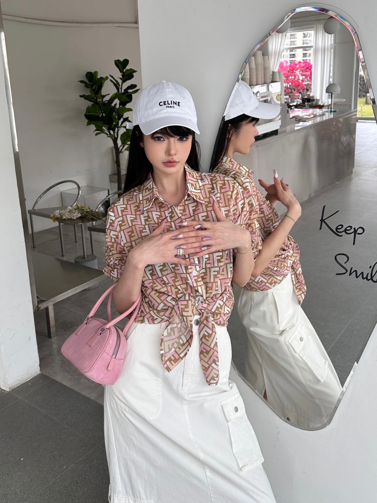 fendi 白 シャツコピー トップス 日焼け止め服 薄い 花柄 高級感 シルク 透視 ブラウン_1