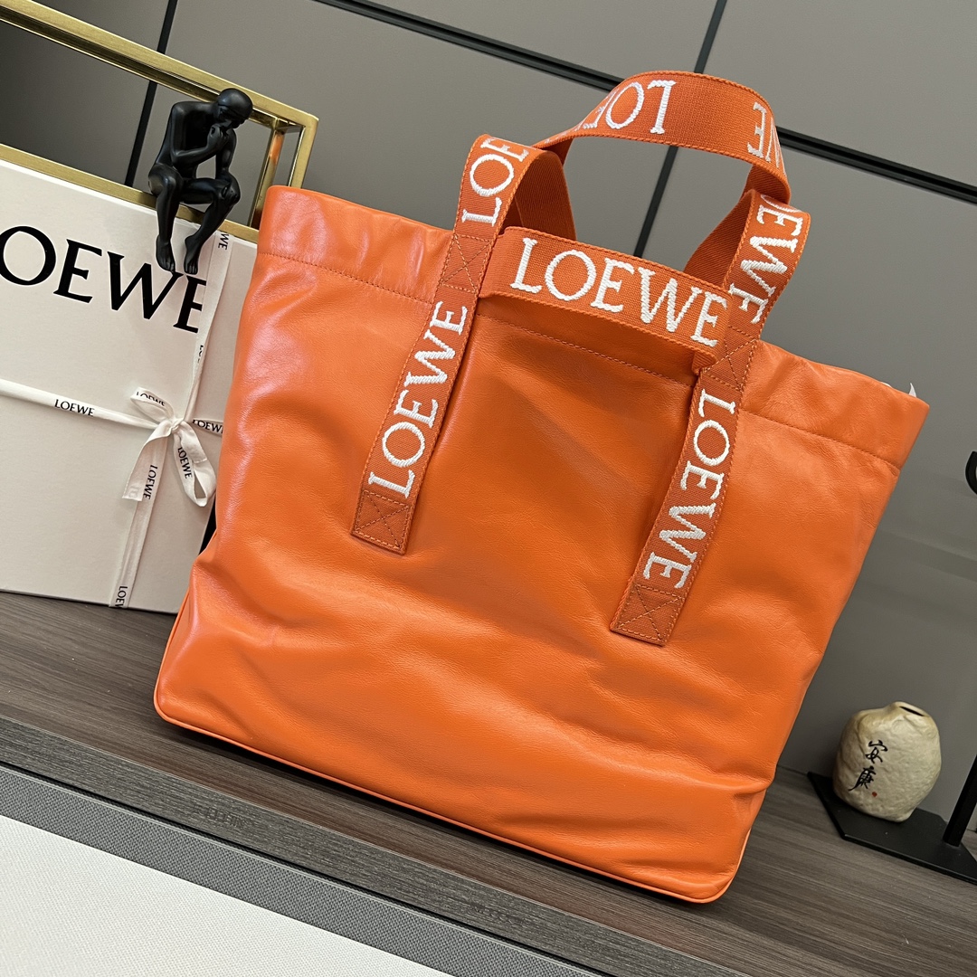 loewe バッグ偽物 レザー ハンドバッグ 牛革 軽量 トート 052301 ロゴ刺繍 大容量 オレンジ色_1