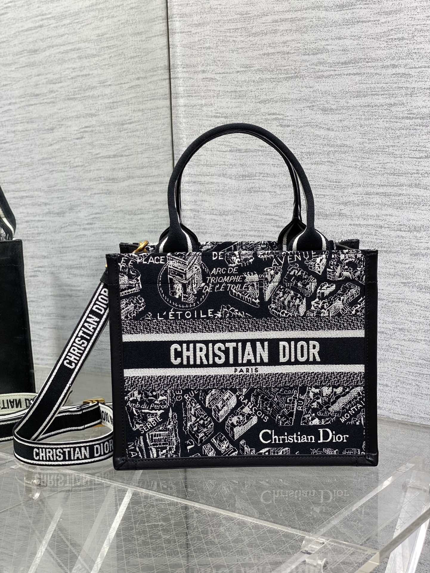 dior ショルダー バッグスーパーコピー プリント ハンドバッグ 大容量 本革 レザー トートバッグ ブラック_1