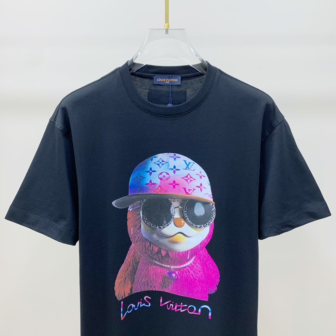 一番安いルイヴィトンtシャツ メンズスーパーコピー 半袖 トップス 純綿 プリント 柔らかい ゆったり ブラック_3