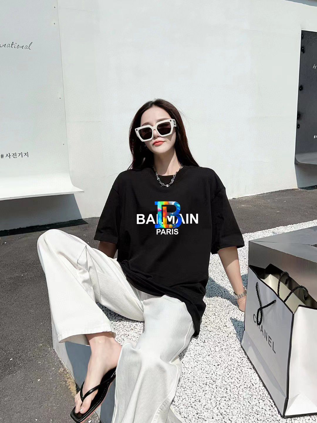 BALMAIN バルマン半袖偽物 短袖トップス カラフルのプリント 100％綿 ブラック_2