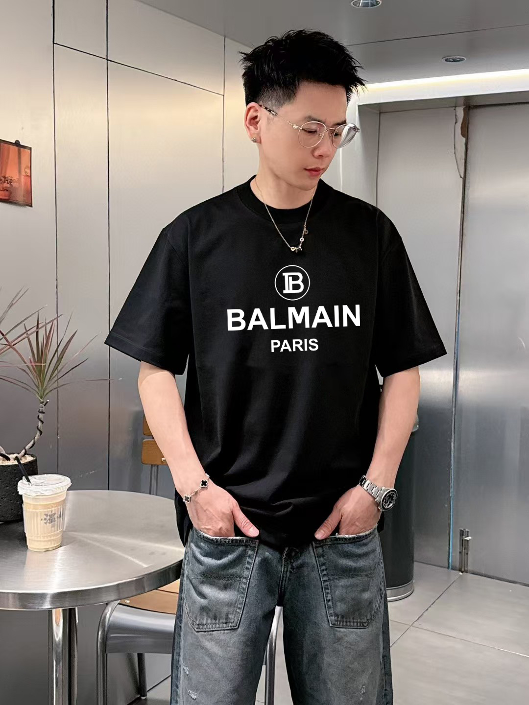 BALMAIN バルマン 半袖コピー Tシャツ トップス ロゴプリント 100％綿 男女兼用 上質 ブラック_2